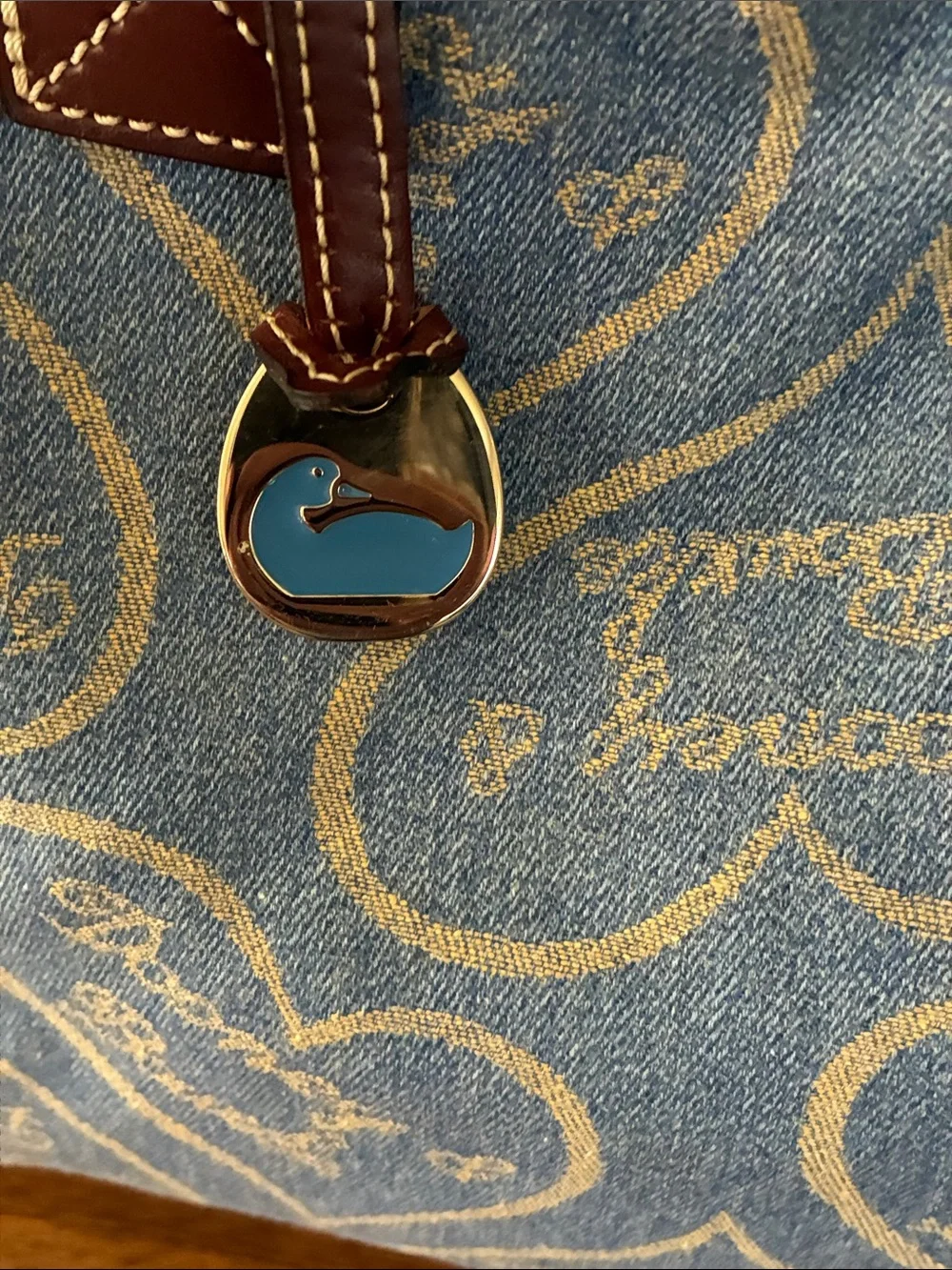 Dooney & Bourke rare vintage Blue Heart-denim leather trim tote bag